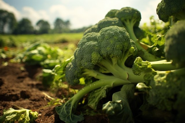 Fresh broccoli growing in an organic farm field